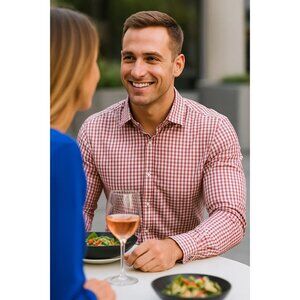 Stone Rose Black River Collection Checked Plaid Button Down Peach Blue 4 Large